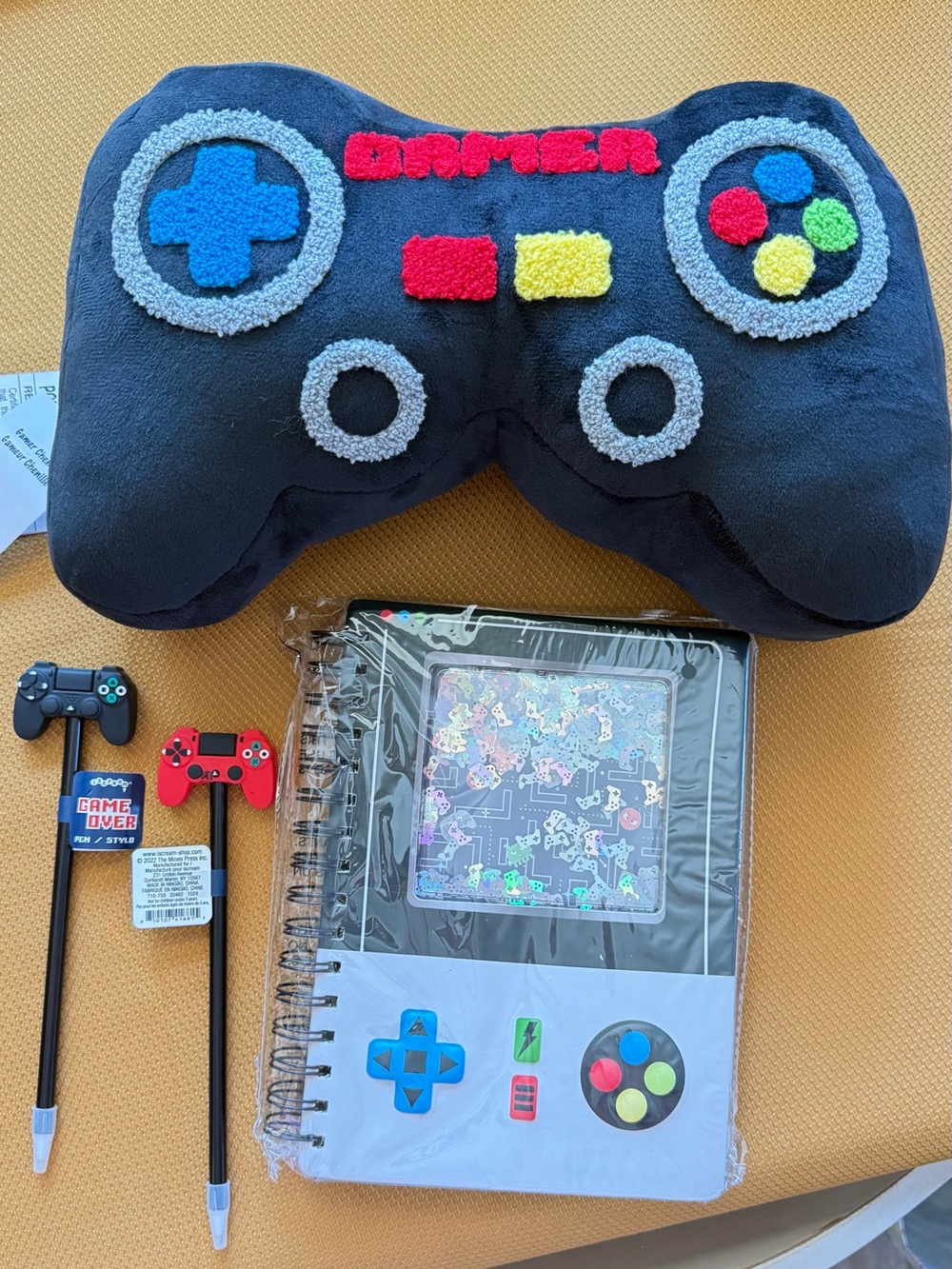 Black Gamer Controller Plush Pillow with Matching Game Notebook & Pens Bundle